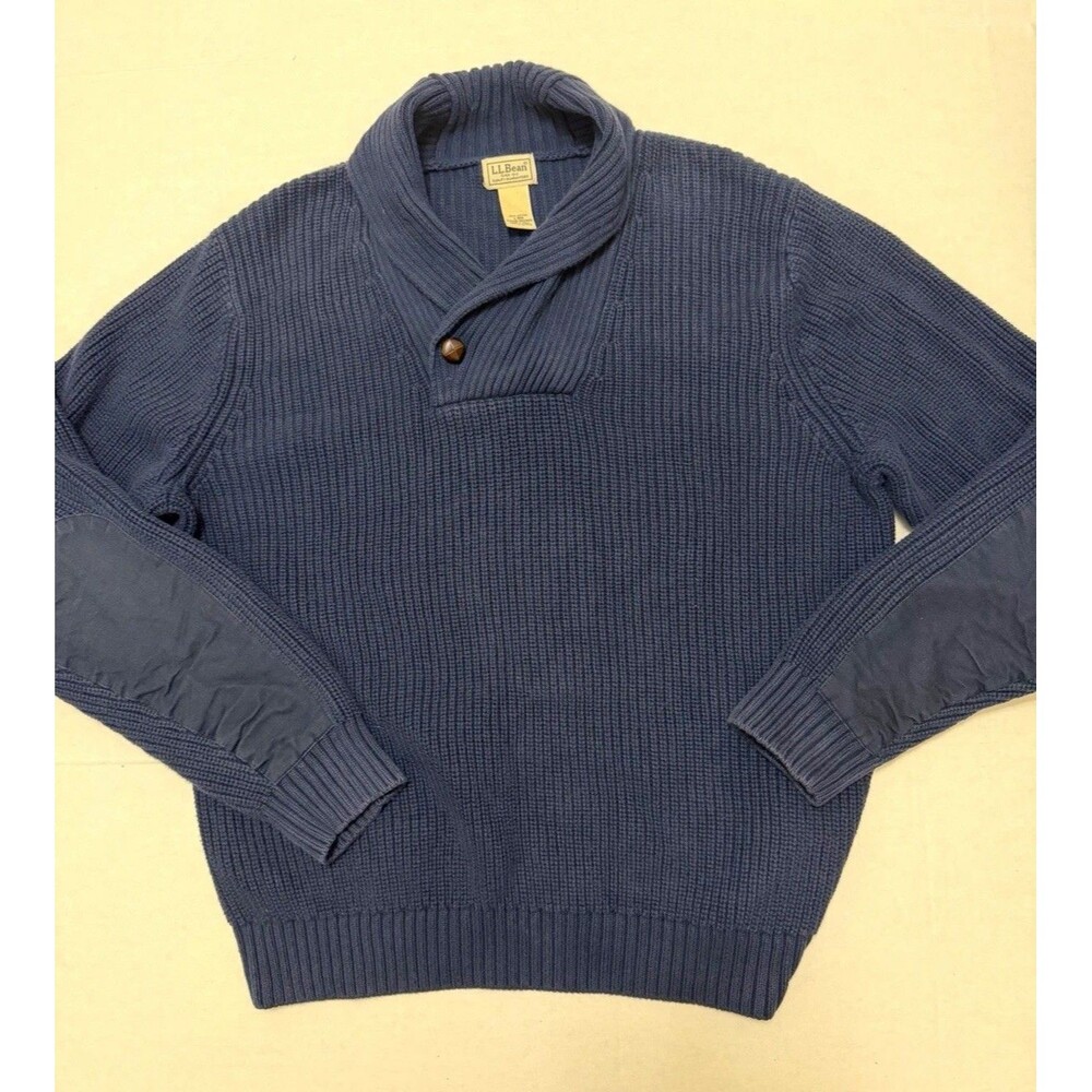 L.L.Bean Men's Blue Shawl Collar Cotton Knit Button Pullover Sweater L Fisherman